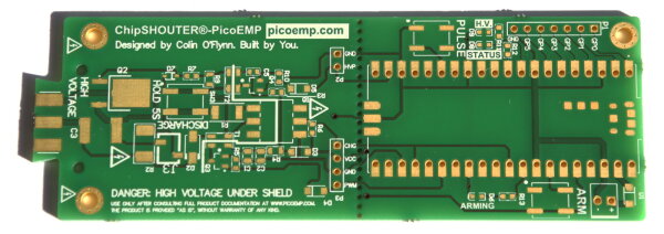 PCB frontside of the PicoEMP<br/>Note the missing milling in the left section between the white text sections and components area