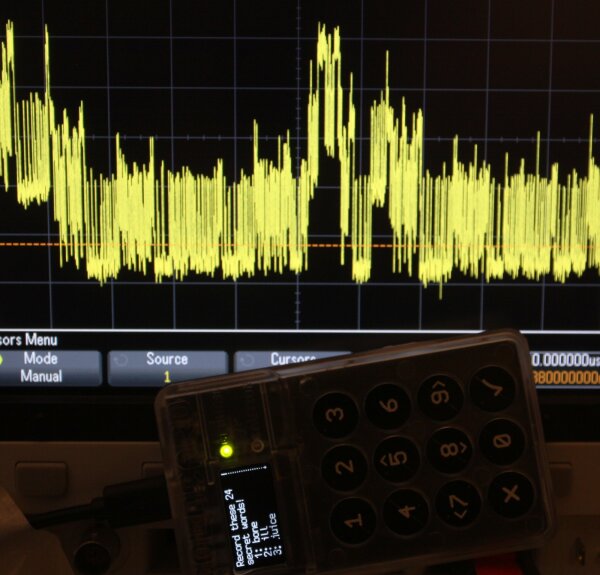 Oscilloscope view of Coldcard Mk1 during BIP39 setup.