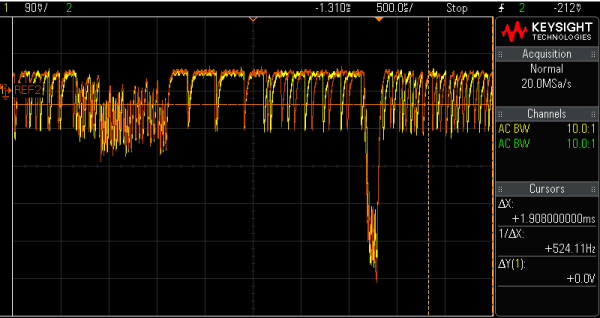 Oscilloscope view of HK1000 PIN entry comparison <code>1</code> vs. <code>7</code>