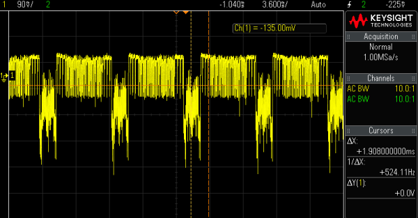 Oscilloscope view of several HK1000 display cycles