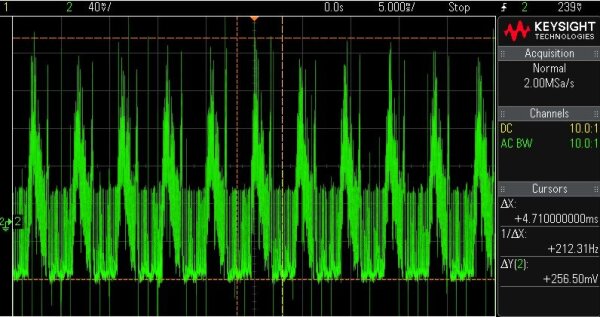 Oscilloscope view of Mooltipass PIN dialog.<br/> Note the higher display refresh frequency of about 212Hz.