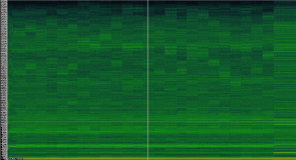 Nano X mnemonic word dialog cycling through 24 words.<br/> FFT spectrogram, horizontal time axis, 150s.<br> Xonar U7 @ 96kHz, USB line measurement