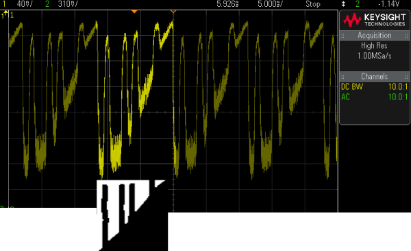 Oscilloscope view with Trezor One background test pattern image overlay. A single display refresh cycle is highlighted for visibility.